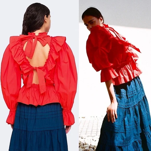 SEA NY Ruffled High Neck Puffed Long Sleeve Tied Open Back Cotton Peplum Top 8 - Picture 4 of 12